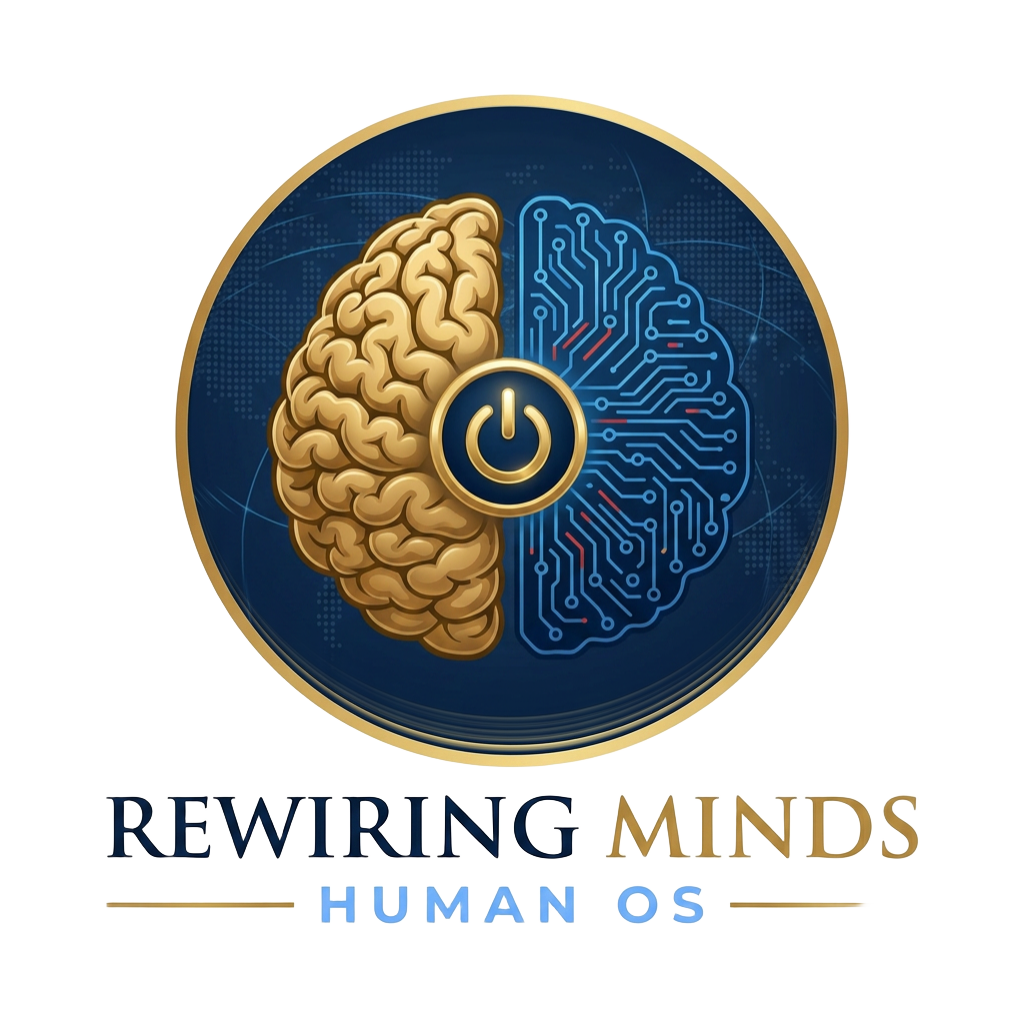 Rewiring Minds Human OS logo — half golden brain, half blue circuitry with a power button emblem